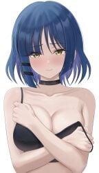 absurdres black_bra black_choker blue_hair bocchi_the_rock! bra breasts choker closed_mouth collarbone covering_breasts covering_privates female hair_ornament hairclip highres large_breasts looking_at_viewer makise_(mix020511) mole mole_under_eye short_hair simple_background solo strap_slip underwear upper_body white_background yamada_ryo yellow_eyes