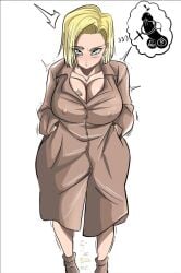 android_18 black_penis blonde_hair cheating_wife cleavage coat cum dark-skinned_male dragon_ball dragon_ball_super dragon_ball_z dripping_cum huge_breasts interracial kyokuro_draws netorare ntr queen_of_spades small_penis