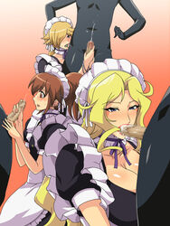 3boys 3girls aizawa_shouko asaka_hinata censored cleavage clothed clothing cum cum_in_mouth cum_inside erection faceless_male facial fellatio female gureko_rouman handjob jewelpet jewelpet_sunshine jill_konia maid maid_headdress maid_outfit maid_uniform male penis simple_background teacher