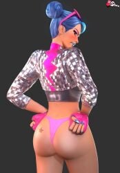 1girls ass blue_hair blue_nails blush blush embarrassed fingerless_gloves fortnite gloves hands_on_hips hi_res looking_at_viewer looking_back nail_polish panties solo_female sparkle_diva sparkle_specialist starinww