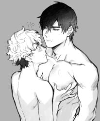 2boys black_hair blush completely_nude expressionless gay grey_background groping looking_at_another male male_only monochrome multiple_boys muscular_male nipples nude original simple_background size_difference two-tone_hair yaoi yukibi_(ykb)