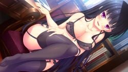 areola_slip ass_visible_through_thighs bare_arms bare_shoulders big_breasts black_bra black_hair black_panties black_thighhighs blush bra breasts cleavage collarbone feet game_cg garter_belt garter_straps hand_on_own_thigh hinata_nao imouto_paradise!_3 indoors lingerie long_hair nanase_zakuro official_art panties partially_retracted_foreskin purple_eyes shiny_thighhighs sitting smile thighhighs thighs toes underwear