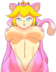 2015 animal_ears blonde_hair blue_eyes bodysuit breasts breasts_out cat cat_peach catgirl catsuit crown earrings ederliru feline female female_only from_below highres human large_breasts looking_at_viewer looking_down mario_(series) nintendo nipples princess_peach simple_background smile solo super_mario_3d_world tail