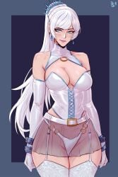 1girls bellink big_breasts blue_eyes breasts detached_sleeves ear_piercing earrings female female_only garter_belt garter_straps hair hair_ornament hips legwear ponytail revealing_clothes rwby see-through see-through_skirt skimpy skimpy_clothes skirt solo solo_female thighhighs thong tied_hair weiss_schnee white_garter_belt white_garter_straps white_hair white_skirt white_thighhighs white_thong