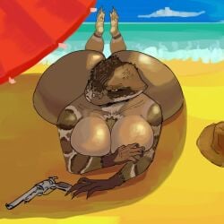 1girls alternate_version_available anthro ass ass_bigger_than_head beach beach_umbrella big_ass big_breasts big_butt bottom_heavy breasts bubble_butt curvaceous curvy curvy_figure elapid_(snake) feet_up female female_only front_view gun hat huge_ass huge_breasts iljajop looking_at_viewer nude ocean ocean_background rattlesnake scalie snake snake_girl solo solo_female sunbathing tagme umbrella voluptuous voluptuous_female weapon wide_hips yellow_sclera