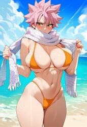 2d ai_generated beach big_breasts bikini fairy_tail female female_focus female_only genderswap_(mtf) natsu_dragneel outdoors pink_hair rule_63 rule_63 scarf solo solo_female solo_focus spiky_hair tagme