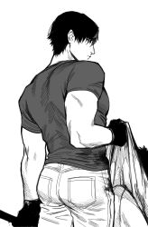 2boys ass black_hair blood closed_mouth expressionless from_behind gloves hair_over_eyes male male_focus male_only monochrome muscular_male original pants pulling_clothing simple_background solo_focus t-shirt weapon white_background yukibi_(ykb)