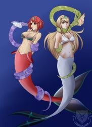 2girls arms_behind_back blonde_hair blue_background bra cleavage coils collarbone crossed_arms empty_eyes expressionless eyebrows_visible_through_hair female female_only femsub gradient_background headdress hikari_(xenoblade_2) homura_(xenoblade_2) jewelry katsiika long_hair midriff multiple_girls multiple_subs mythra mythra_(xenoblade) navel nintendo open_mouth pyra pyra_(xenoblade) red_eyes red_hair restrained short_hair simple_background underboob underwater xenoblade_(series) xenoblade_chronicles_2 yellow_eyes
