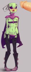 1boy 2010s 2017 alien antennae_(anatomy) beauty_mark black_gloves blush boots bra breasts cape commission female girl gloves green-skinned_female hands_on_own_thighs invader_zim irken jearz loincloth nickelodeon no_hair offscreen_male open_mouth penis purple_eyes shoulder_pads small_breasts tagme tak_(invader_zim) thighhighs