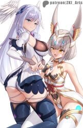 2girls ass bare_shoulders black_boots black_thighhighs blue_eyes blushing boots breasts cat_ears catgirl core_crystal detached_sleeves female female_focus fingerless_gloves gloves head_wings highres large_ass large_breasts leotard long_hair looking_at_breasts looking_at_viewer looking_back melia_antiqua monolith_soft nia nintendo queen seductive_look silver_hair thick_thighs thigh_boots thighhighs thighs very_long_hair white_boots white_thighhighs wide_hips wings wings_on_head xenoblade_(series) xenoblade_chronicles xenoblade_chronicles_2 xenoblade_chronicles_3 yellow_eyes yuri z-ki