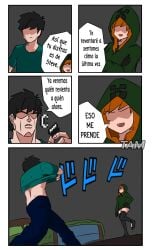 1boy 1girls 2021 bed before_sex cosplay creeper_(minecraft) creeper_girl cupa female funny gloves humanized implied_sex jojo_reference male meme minecraft mob_talker no_eyes orange_hair panties spanish_text steve_(minecraft) stockings tam_m3_(artist) text translation_request