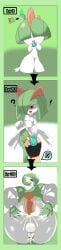 1boy anal ass crying cum cum_in_ass cum_inside dick femboy gallade gardevoir green_hair kirlia male ralts red_eyes white_body white_skin