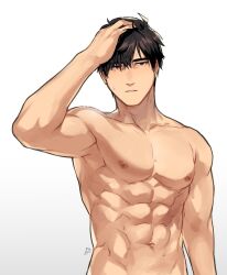 1boy abs arm_up black_eyes black_hair completely_nude male male_only muscular_male nipples nude original parted_lips simple_background solo sweat topless white_background yukibi_(ykb)