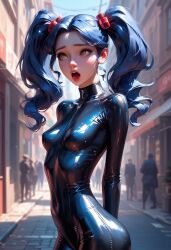 ai_generated blue_hair city_background female latex_suit tagme