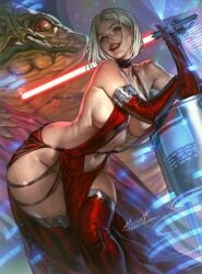 aleriia_v blonde_hair choker evil_grin evil_smile jedi large_breasts lightsaber oc pale-skinned_female red_lightsaber science_fiction sideboob sith sith_lady star_wars thighs tummy