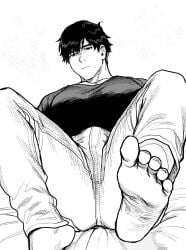 1boy barefoot bed black_eyes black_hair expressionless feet foot_focus from_below looking_at_viewer male male_only monochrome muscular original pants simple_background solo white_background yukibi_(ykb)