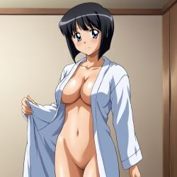 ai_generated bangs bedroom black_hair blue_eyes blush bob_cut bottomless breasts clavicle cleavage closed_mouth clothing cowboy_shot female female female_only groin indoors kimono large_breasts large_breats legs long_sleeves looking_at_viewer maid medium_hair naked_shirt navel nipples no_bra nopan nude open_clothes open_robe open_shirt robe sankaku_ai shiny shiny_skin shirt short_hair siesta siesta_(zero_no_tsukaima) smile solo standing stomach teen teen_girl teenage teenage_girl teenager thighs traditional_clothes vagina wafuku zero_no_tsukaima