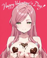 100_kanojo ai_generated bangs blush box box_of_chocolates breasts cake candy chocolate chocolate_heart chocolate_on_body chocolate_on_breasts clavicle cleavage closed_mouth clothing completely_nude english_language eroero_waifus female female_only flower food food_on_body gift gift_box green_eyes hair_ornament hanazono_hahari happy_birthday happy_valentine heart heart-shaped_box heart_hands heart_pasties holding holding_gift kimi_no_koto_ga_dai_dai_dai_dai_daisuki_na_100-nin_no_kanojo large_breasts long_hair looking_at_viewer mole mole_under_eye nipples nude pasties pink_background pink_hair red_background simple_background smile solo strawberry text the_100_girlfriends_who_really_really_really_really_really_love_you upper_body valentine valentine's_day