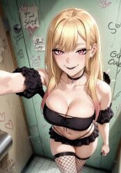 1girls ai_generated bathroom bitchy black_lipstick black_makeup blonde_hair breasts cheating cheating_girlfriend choker cleavage female fishnet fishnet_legwear fishnet_stockings glory_hole graffiti heart human japanese_female kitagawa_marin light-skinned_female light_skin looking_at_viewer makeup multicolored_hair netorare ntr off_shoulder piercing pink_eyes public_restroom selfie selfie_pose smile solo solo_female sono_bisque_doll_wa_koi_wo_suru stable_diffusion strapless taking_picture taking_selfie thighhighs vooluxx