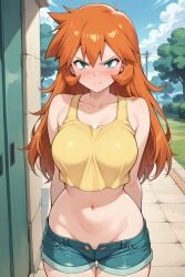 ai_generated aqua_eyes arms_behind_back bangs bare_arms bare_shoulders belly_button blue_shorts blue_sky blush breasts clavicle cleavage closed_mouth clothing cloud cowboy_shot crop_top day denim denim_shorts eyelashes female female_only green_eyes groin hair_between_eyes kasumi_(pokemon) large_breasts long_hair looking_at_viewer midriff navel open_clothes open_fly open_shorts orange_hair outdoors pokemon pokemon_(anime) pokemon_(classic_anime) pokemon_(game) pokemon_character shiny shiny_skin shirt short_shorts shorts sky sleeveless sleeveless_shirt smile solo standing stomach sweat sweatdrop tank_top thick_thighs thigh_gap thighs tree unbuttoned utility_pole v-shaped_eyebrows wide_hips yellow_shirt