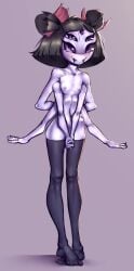 2010s 2017 5_eyes 6_arms ankles black_hair blush bob_cut breasts digital_media_(artwork) fangs flat_chest foot_over_the_other hairbow hands_behind_back hands_to_sides hands_together hips jearz lavender-skinned_female lavender_skin monster monster_girl muffet pom_poms purple_eyes purple_nipples spider_girl spider_humanoid thighhighs thighhighs_only toe_outline undertale undertale_(series)