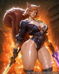 1girls ai_generated animal_ear_fluff animal_ears animal_tail breasts explosion female fit freckles freckles_on_breasts green_eyes marvel marvel_comics marvel_rivals nsfw squirrel squirrel_girl squirrel_girl_(marvel) squirrel_girl_(marvel_rivals) sword tail