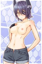 :/ bare_shoulders bikini_top blush breasts collarbone eye_patch female headgear hexagon highres kanden_suki kantai_collection looking_at_viewer navel nipples purple_hair shorts solo stomach tenryuu_(kantai_collection) topless waist yellow_eyes