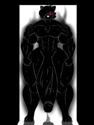 anthro backsack balls black_aura black_background dominant_anthro dominant_male doorway hard_penis huge_balls huge_cock hung_male in_heat male nude_male oc omega_(omegabrawl) omegabrawl precum precum_drip presenting_penis red_eye standing thick_thighs thighs