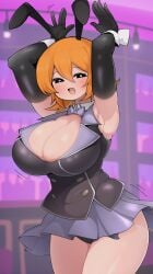 1girl armpit bar black_elbow_gloves black_eyes black_gloves blush bunny_ears bunnysuit cleavage cookie_(touhou) fake_animal_ears fake_meguru_(cookie) hands_above_head highres large_breasts madorenoheya marisa_kirisame meguru_(cookie) open_mouth open_mouth_smile orange_hair short_hair smile solo thick_thighs touhou white_pupils