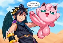 absurd_res ai_generated angel_humanoid angry annoyed balls big_balls big_penis black_hair blush clothed clothing cloud dark_pit dialogue duo english_text erection feral frown genitals green_eyes hair half-closed_eyes hellsonger hi_res huge_cock human humanoid humanoid_genitalia humanoid_penis interspecies jewelry jigglypuff male mammal narrowed_eyes nintendo open_mouth outside penis pink_balls pink_body pink_hair pink_skin pink_wings pokemon pokemon_(species) red_eyes sky speech_bubble super_smash_bros. text thought_bubble vein winged_humanoid wings