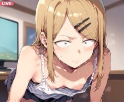 ai_generated areolae bare_thighs blonde_hair blush brown_eyes curvaceous curvy_female dagashi_kashi dosukebeai endou_saya_(dagashi_kashi) erect_nipples exposed_breasts huge_thighs light-skinned_female light_skin long_hair looking_at_viewer nipples puffy_nipples small_breasts solo_female squatting sweat sweatdrop tank_top thick_thighs thighs