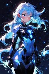 ai_assisted ai_generated blue_bodysuit blue_eyes blue_hair blush bodysuit cameltoe cookie-girl female female_only looking_away pussy_juice pussy_juice_drip pussy_juice_through_clothing shy small_breasts smile starry_sky white_panties