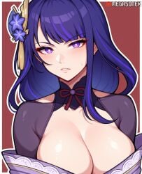 ai_generated bangs blush breasts bright_pupils cleavage female flower genshin_impact hair_ornament hoyoverse japanese_clothes kimono large_breasts long_hair looking_at_viewer megasonek mihoyo mole mole_under_eye parted_lips patreon_username purple_eyes purple_flower purple_hair raiden_shogun red_background ribbon simple_background solo sweatdrop watermark