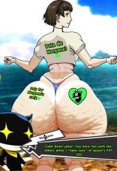 ai_generated ass ass_bigger_than_head ass_focus atlus beach big_ass bottom_heavy brown_hair bubble_butt caked_up cellulite cellulitis cheesecake dat_ass dialogue_box edit english_text fat_ass feline huge_cock hyper_ass makoto_niijima morgana_(persona) netorare ntr persona persona_5 red_eyes sega spanish_text tattoo tattoo_on_ass tattoo_on_butt video_game_character video_games