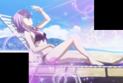 1girls arm_up barefoot beach big_breasts bikini braid braided_ponytail breasts busty carnival_phantasm cleavage feet female female_only front-tie_bikini_top front-tie_top highres large_breasts legs long_hair looking_at_viewer lying melty_blood ocean pose posing purple_bikini purple_eyes purple_hair sensual sideboob sion_eltnam_atlasia smile solo stitched sunbathing swimsuit thighs third-party_edit tsukihime voluptuous water