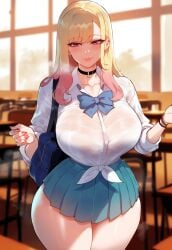 1girls ai_generated bag bangs black_choker blonde_hair blue_skirt blurry blurry_background blush bow bowtie bra bra_visible_through_clothes bracelet breasts button_gap choker classroom cleavage closed_mouth clothing collared_shirt colored_tips cowboy_shot curvaceous curvaceous_female curvaceous_figure curvy curvy_figure desk dress_shirt ear_piercing earrings female female female_focus female_only gradient_hair gyaru holding huge_breasts indoors inviting inviting_to_sex jewelry kitagawa_marin kogal large_breasts lips long_hair long_sleeves looking_at_viewer miniskirt miyuai multicolored_hair nail_polish neckwear piercing pink_eyes pink_hair pink_nails pleated_skirt presenting presenting_breasts presenting_self red_eyes school school_bag school_uniform schoolgirl seductive seductive_look seductive_smile see-through see-through_shirt shirt shirt_tucked_in skirt sleeves_rolled_up smile solo sono_bisque_doll_wa_koi_wo_suru standing thick_thighs thighs tied_shirt underwear uniform voluptuous voluptuous_female wet white_shirt wrist_scrunchie