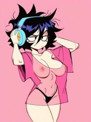 1girls ai_generated black_hair black_panties dj headphones kosine1777 kosineverse large_breasts messy_hair nikki_(kosine1777) nipples no_bra original original_character oversized_clothes pink_eyes pink_shirt sheer_clothing shirt short_hair transparent_clothing