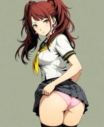 ass brown_hair kujikawa_rise lifting_skirt looking_at_viewer looking_back panties persona_4 pink_panties school_uniform white_body yellow_tie