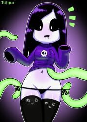 2020s 2021 4_tentacles bailey_booregard belly_button black_hair black_sclera borrowed_character disfigure female ghost ghost_girl green_tentacles growing_pubic_hair hips imminent_tentacle_rape lip_piercing long_hair long_sleeves navel nervous_smile original_character purple_background purple_sweater pussy side-tie_thong sleeves_past_fingers sweater tentacle tentacles_under_clothes thighhighs thighs thong white_body white_pupils