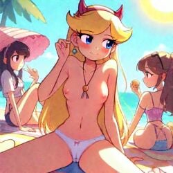 ai_assisted ai_generated beach beach_background beach_towel beach_umbrella blonde_hair blue_eyes blush cameltoe cookie-girl devil_horns female female_only looking_away multiple_girls necklace nipples no_bra shy small_breasts smile star_butterfly white_panties