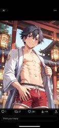 anime beach black_hair muscular posing rean_schwarzer shirtless shorts skinny trails_of_cold_steel twink