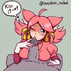 1boy 1girls cat_ears deltarune female green_eyes kissing_penis mad_mew_mew male penis pink_(deltarune) pink_hair undertale_(series)