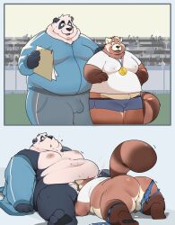 2025 ailurid all_fours anthro backsack balls bear belly big_belly bottomwear bulge clothing detailed_bulge duo genital_outline genitals giant_panda hi_res kemono male male/male mammal moobs nipples oral overweight overweight_male pants penis_outline qqmelon888 red_panda shirt shorts sitting topwear