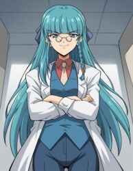 accessory ai_generated anime arms_crossed_under_breasts bangs blunt braid coat, cyan_hair dai_(series) daiakuji dark_blue_pants ehavilla_mecco feminist game glasses hair lab long_hair looking_at_viewer necktie ribbon shirt smiling_at_viewer