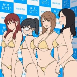 4girls annoyed arms_behind_back ass big_breasts bikini black_eyes black_hair blush breasts broken_glasses brown_eyes brown_hair busty character_request cleavage expressionless female female_only from_side glasses highres large_breasts legs long_hair looking_at_viewer medium_hair multiple_girls navel onsen_tamago_(hs_egg) open_mouth parted_lips ponytail red_hair sideboob smile swimsuit thighs thong_bikini voluptuous yellow_bikini