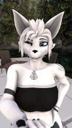 1girls 3d athletic_female black_topwear black_tube_top blue_eyes chest_tattoo clothed clothed_female female female_only foreshortening fox fox_girl fully_clothed fully_clothed_female furry furry_female grin grinning_at_viewer hand_on_hip jeans looking_at_viewer maxine_(domibun) meddlade medium_breasts naughty_face one_eye_closed original outdoors outside outstretched_arm pov pov_eye_contact reaching_out reaching_towards_viewer sfm short_hair shoulder_tattoo smile solo solo_female standing tattoo teeth topwear tube_top white_body white_fur wink