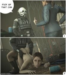 1boy 1girls 3d ass blue_eyes breasts brown_hair citizen civil_protection_(half-life_series) clothed_male comic doggy_style face_down_ass_up female functionally_nude functionally_nude_male gas_mask half-life half-life_(series) half-life_2 hand_on_hip instant_loss_2koma light-skinned_female light_skinned_male male mask masked masked_male metropolice_(half-life_series) middle_finger nude nude_female nude_female_clothed_male on_floor ponytail public public_sex rough_sex scpsixtynine self_upload sex sfm source_filmmaker uniform