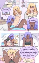 2d 2girls aroused bed bedroom blonde_hair blowjob blue_eyes blush bottomless choker covering_mouth cum_in_mouth dark-skinned_female dominant_female drool drooling ear_piercing excited_for_sex fellatio femdom femsub girl_cock giving_head good_girl hair_pin head_between_legs head_between_thighs hearts_around_head imminent_oral indoors licking_lips light-skinned_female messy_hair moaning multiple_girls oral oral_sex panties partially_clothed patch penis_in_mouth pinned_to_bed plushie position_change purple_eyes purple_hair small_breasts straddling straddling_fellatio submissive_female sucking_penis sweat sweating tank_top tattoo thighhighs trans trans_woman transgender transgender_flag transgender_pride_colors tremble_spikes trembling welcome_to_heaven yuri