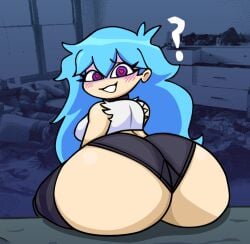 ass ass_bigger_than_breasts ass_bigger_than_head ass_focus big_ass bimbo black_panties black_stockings blue_hair female_focus friday_night_funkin huge_ass panties pantsless purple_eyes sky_(friday_night_funkin) skyblue skyblue_(friday_night_funkin) stockings