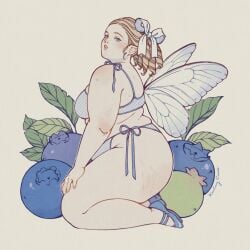 1girls blonde_hair blue_lingerie blueberry chubby_female clothed clothed_female fairy fairy_wings female_only karlovycross kneeling solo_female